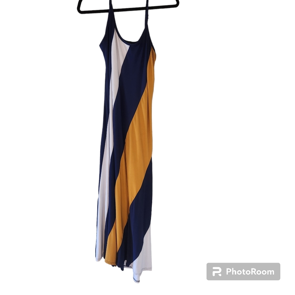 Love blue, white, and gold sleeveless maxi dress. Size XL.